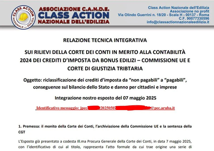 Comunicato Stampa Relazione Tecnica Integrativa alla Corte dei Conti per Crediti di imposta da Bonus Edilizi